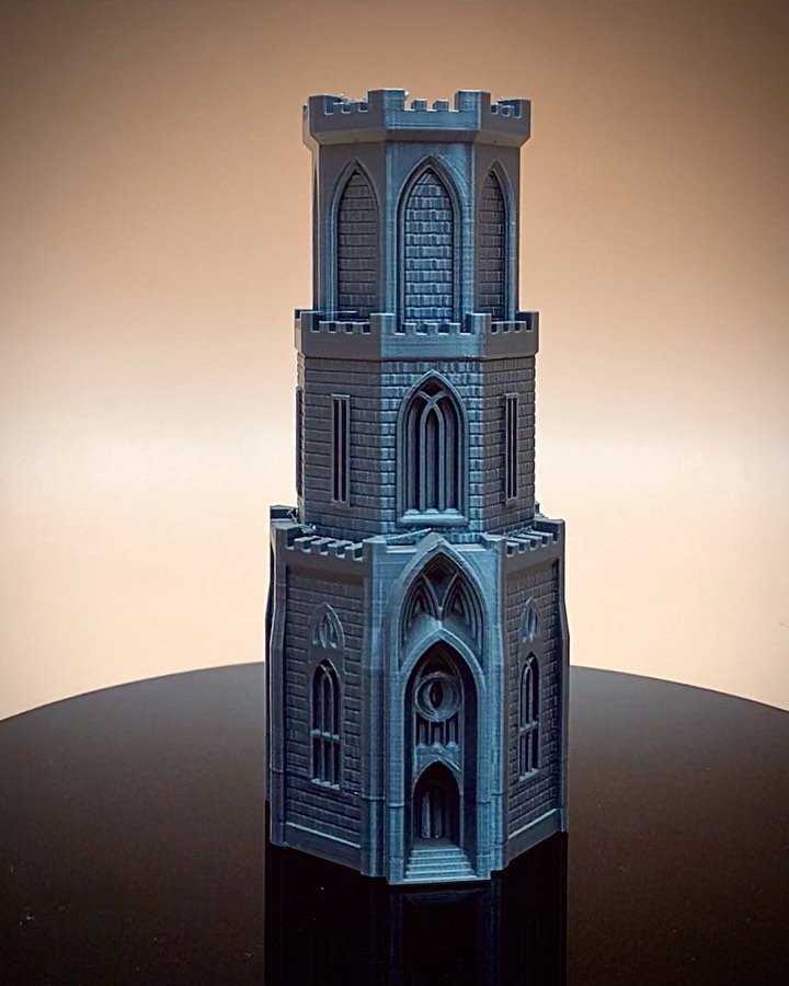 3D printed tower in silver silk PLA